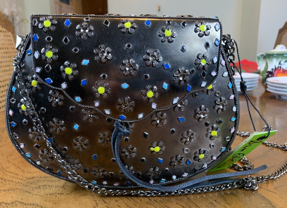 Sam Edelman Women Black Georgia Iron Leather Handbag Crossbody Satchel Bag